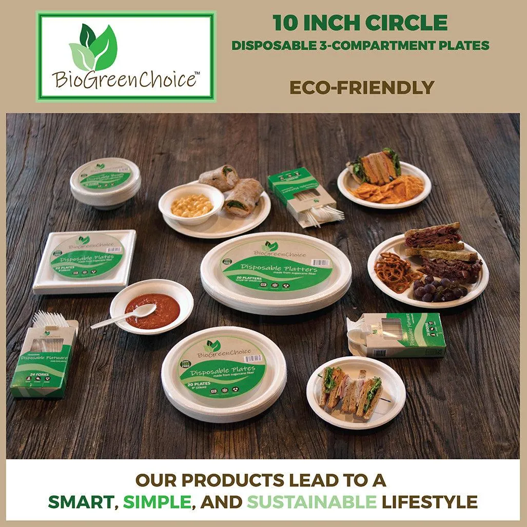 10-inch Compostable Fiber/Bagasse Three Compartment Plates