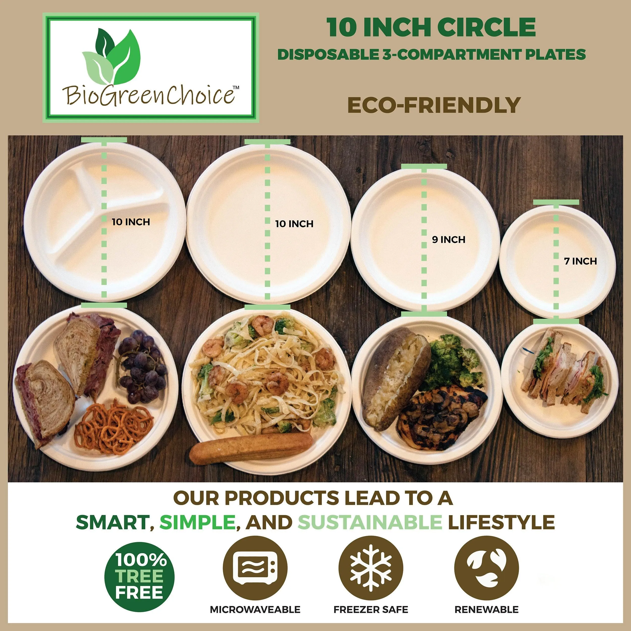 10-inch Compostable Fiber/Bagasse Three Compartment Plates