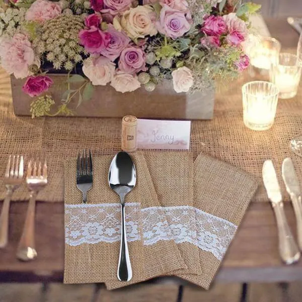 10 Pack 4"x8" Natural Burlap Lace Single Set Silverware Holder Pouch
