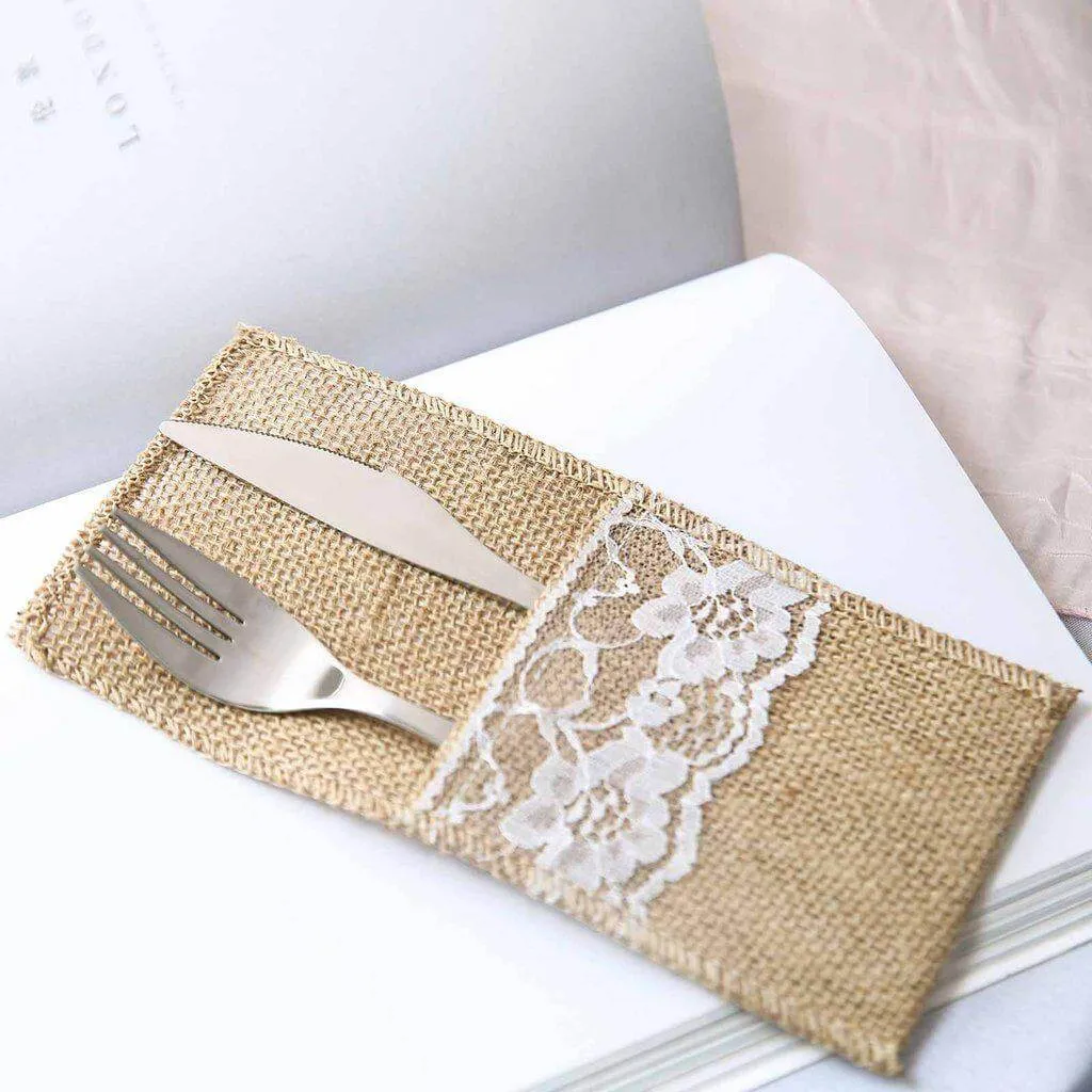 10 Pack 4"x8" Natural Burlap Lace Single Set Silverware Holder Pouch