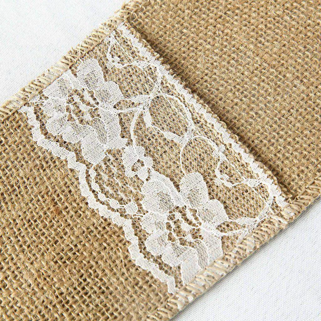 10 Pack 4"x8" Natural Burlap Lace Single Set Silverware Holder Pouch
