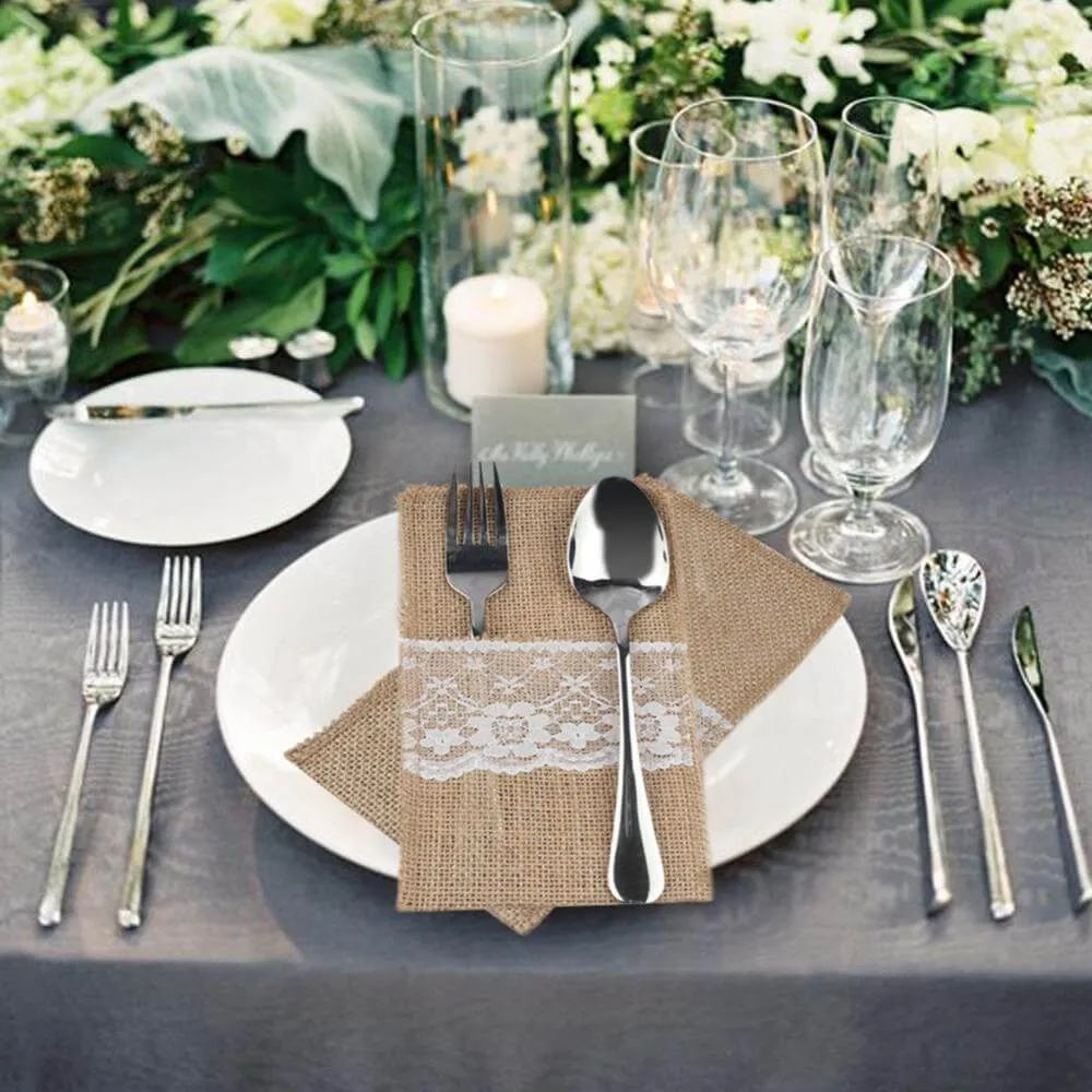 10 Pack 4"x8" Natural Burlap Lace Single Set Silverware Holder Pouch