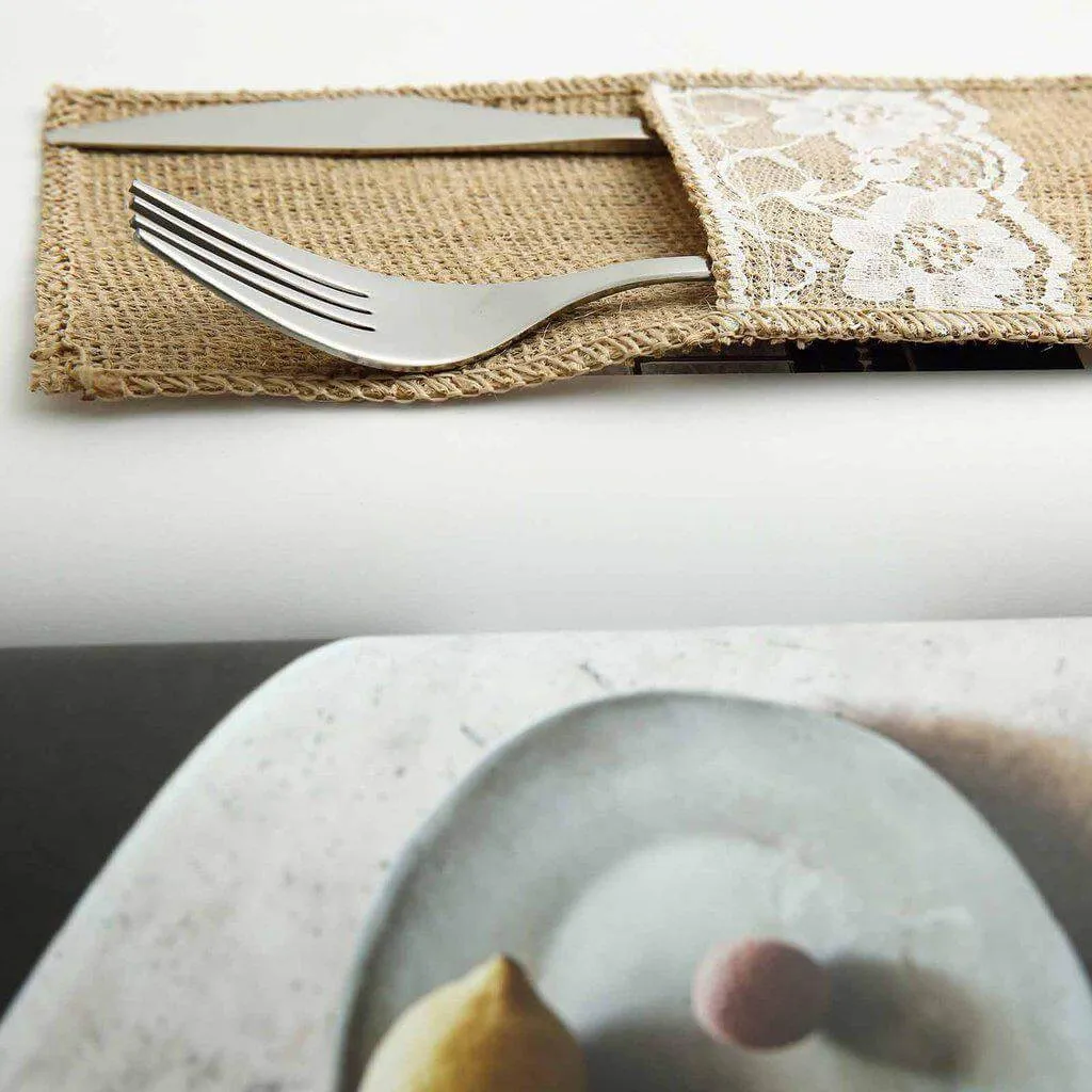 10 Pack 4"x8" Natural Burlap Lace Single Set Silverware Holder Pouch