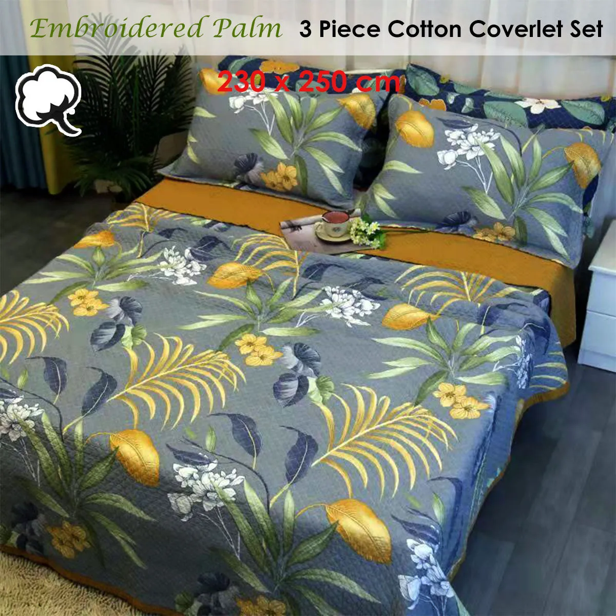 100% Cotton Coverlet Set | Embroidered Palm | Queen