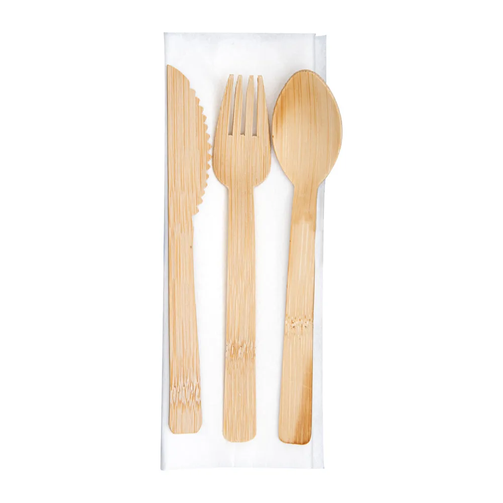 100 Square Natural 7" Bamboo Medium Veneer Plates and 100 Natural Bamboo Disposable Flatware Sets