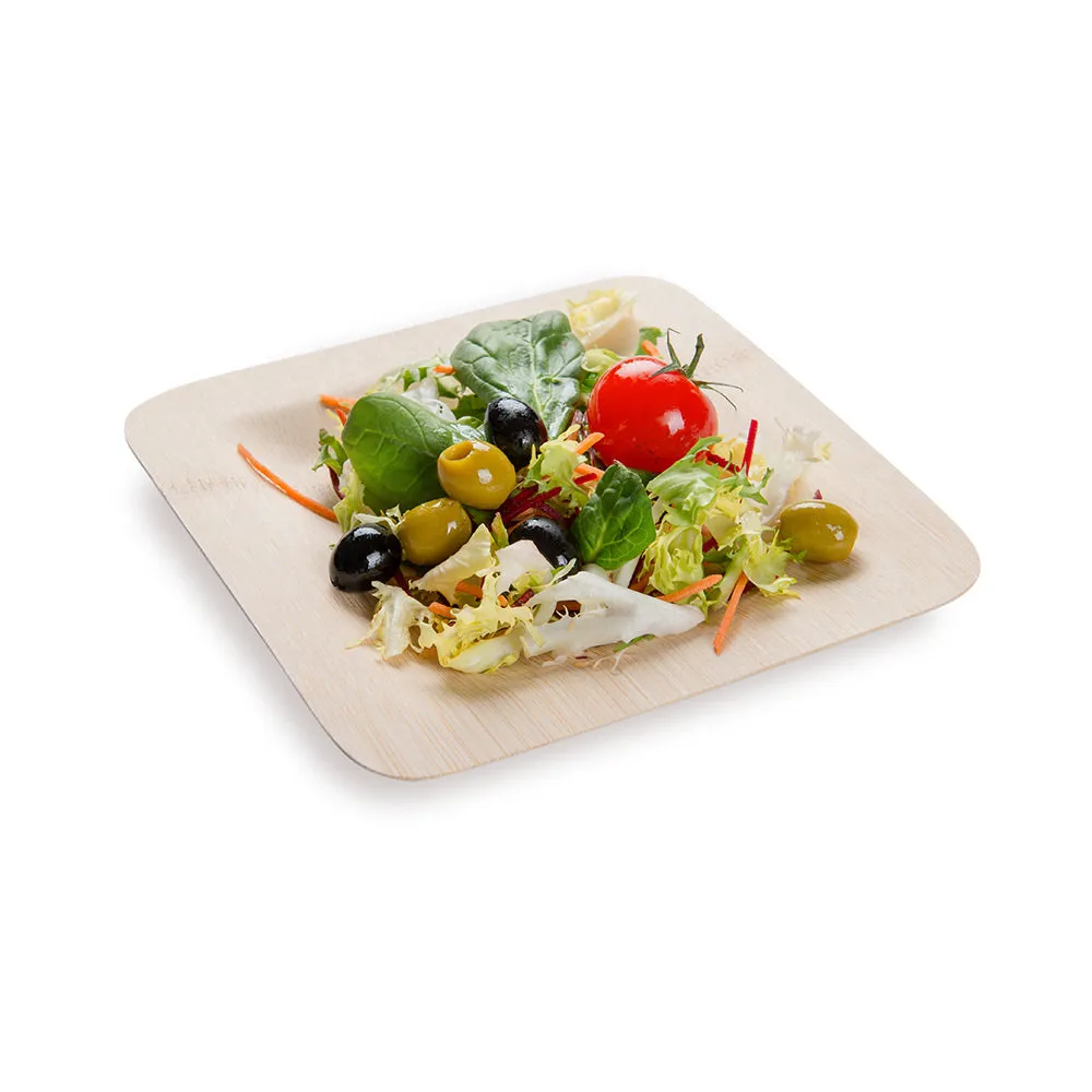 100 Square Natural 7" Bamboo Medium Veneer Plates and 100 Natural Bamboo Disposable Flatware Sets