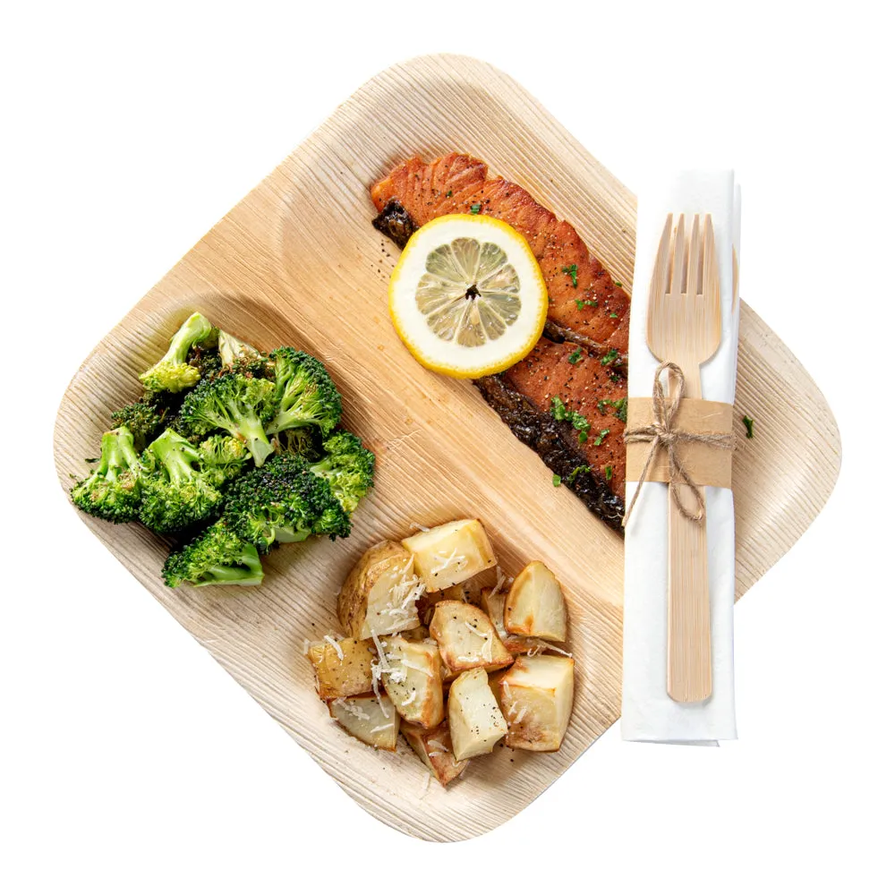 100 Square Natural 7" Bamboo Medium Veneer Plates and 100 Natural Bamboo Disposable Flatware Sets
