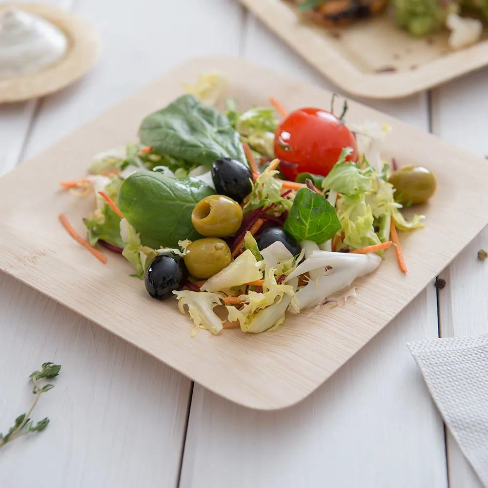 100 Square Natural 7" Bamboo Medium Veneer Plates and 100 Natural Bamboo Disposable Flatware Sets