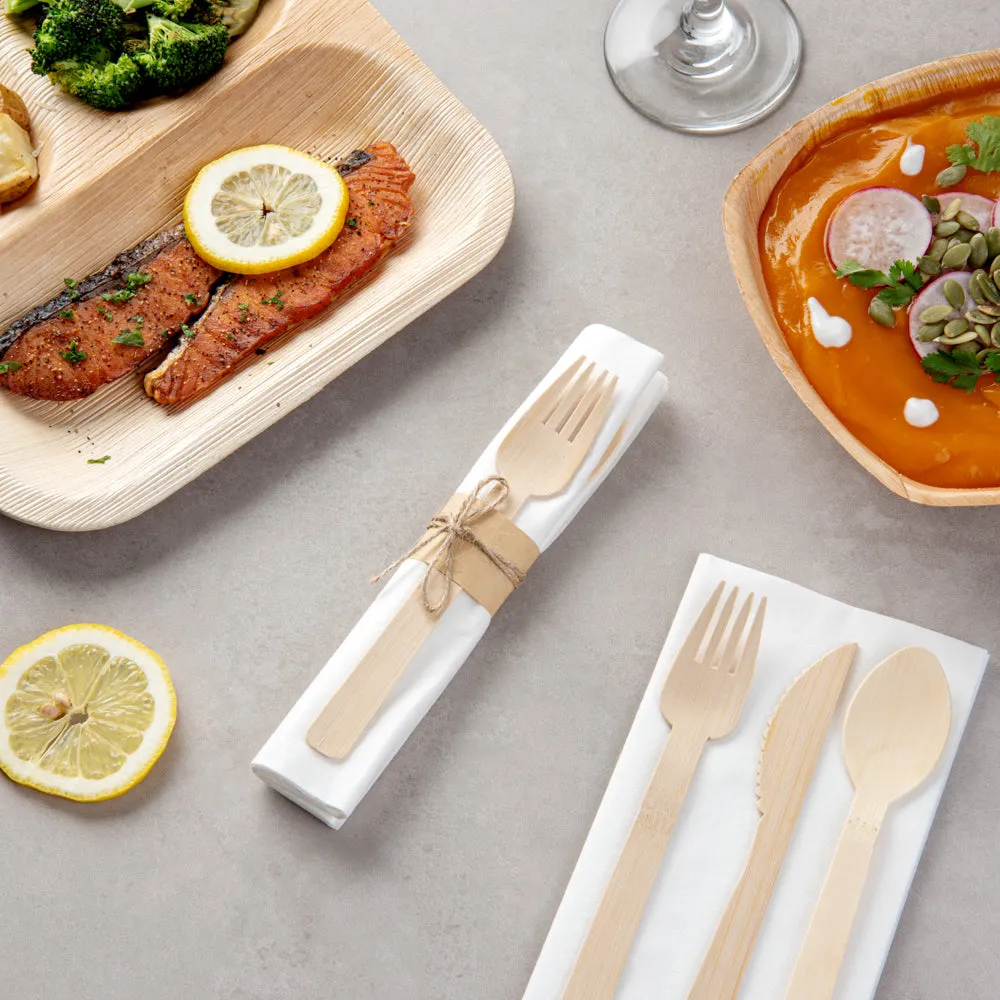 100 Square Natural 7" Bamboo Medium Veneer Plates and 100 Natural Bamboo Disposable Flatware Sets
