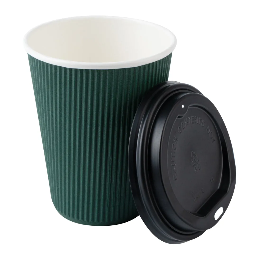 12 oz Dark Green Paper Ripple Wall Coffee Cup - with Black Lid - 3 1/2" x 3 1/2" x 5" - 200 count box