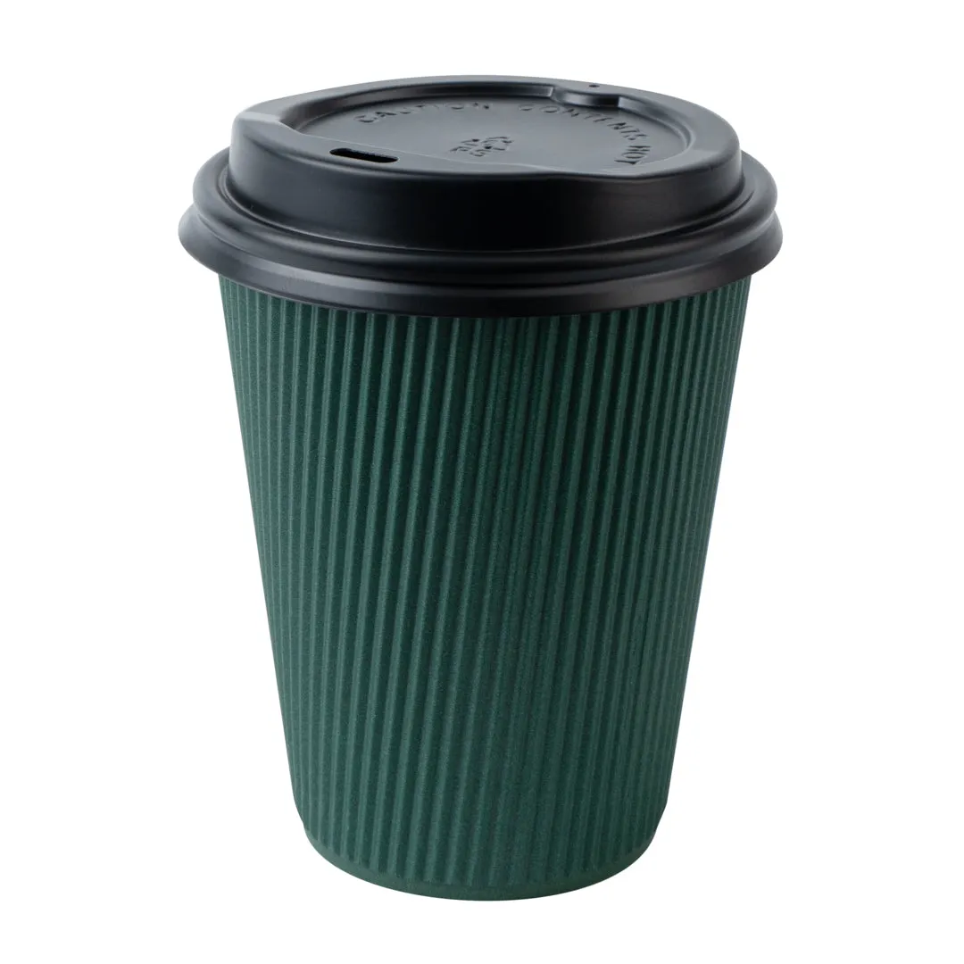 12 oz Dark Green Paper Ripple Wall Coffee Cup - with Black Lid - 3 1/2" x 3 1/2" x 5" - 200 count box
