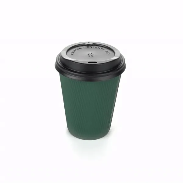 12 oz Dark Green Paper Ripple Wall Coffee Cup - with Black Lid - 3 1/2" x 3 1/2" x 5" - 200 count box