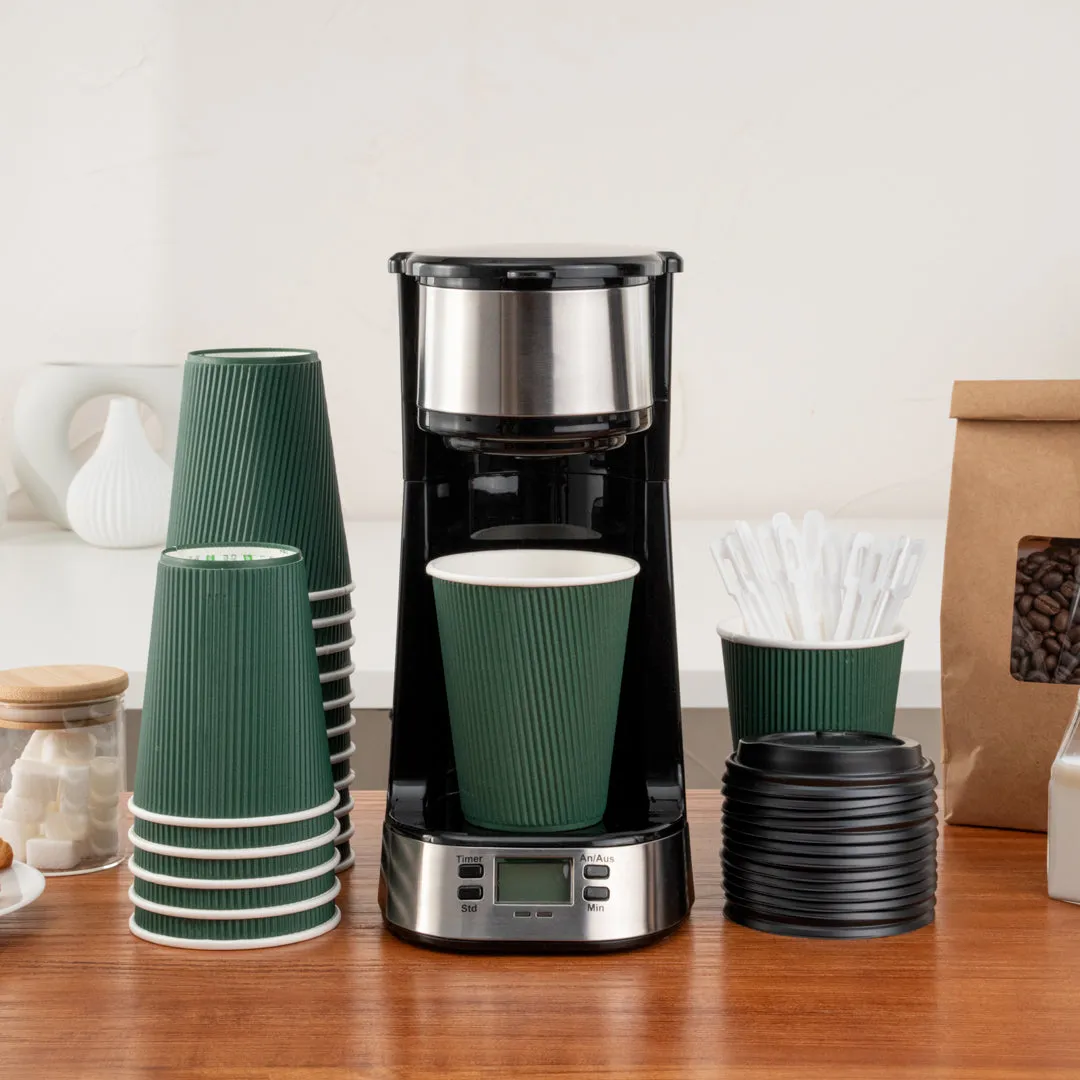 12 oz Dark Green Paper Ripple Wall Coffee Cup - with Black Lid - 3 1/2" x 3 1/2" x 5" - 200 count box