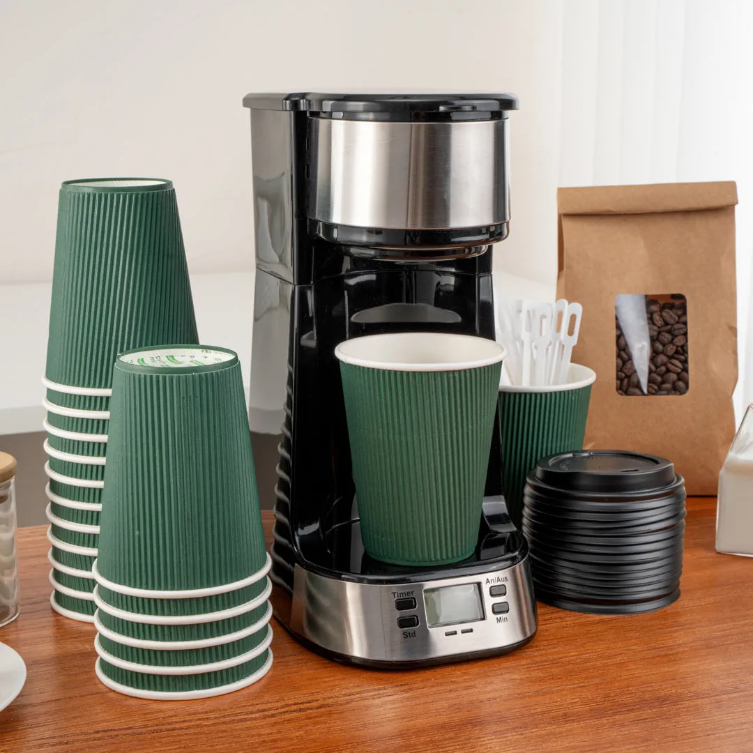 12 oz Dark Green Paper Ripple Wall Coffee Cup - with Black Lid - 3 1/2" x 3 1/2" x 5" - 200 count box