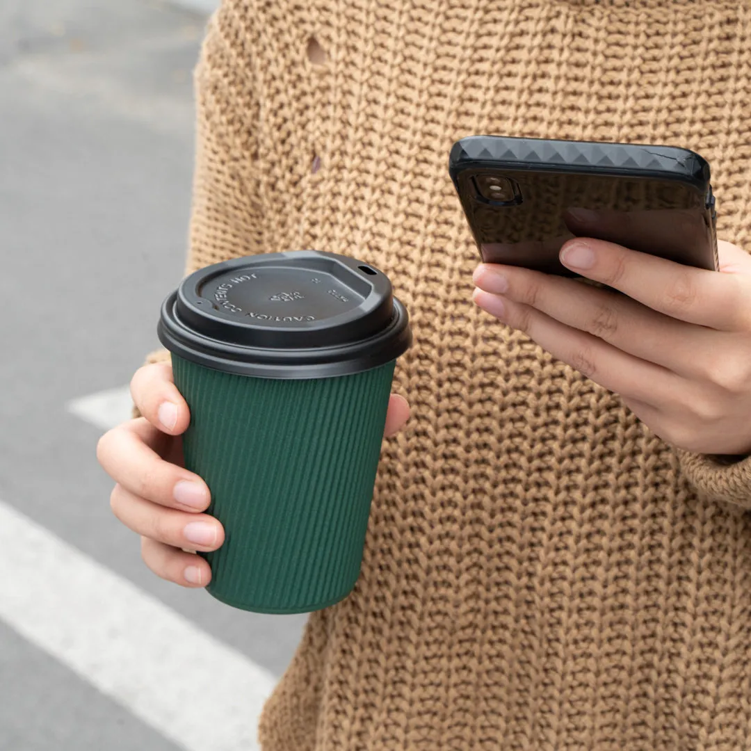12 oz Dark Green Paper Ripple Wall Coffee Cup - with Black Lid - 3 1/2" x 3 1/2" x 5" - 200 count box