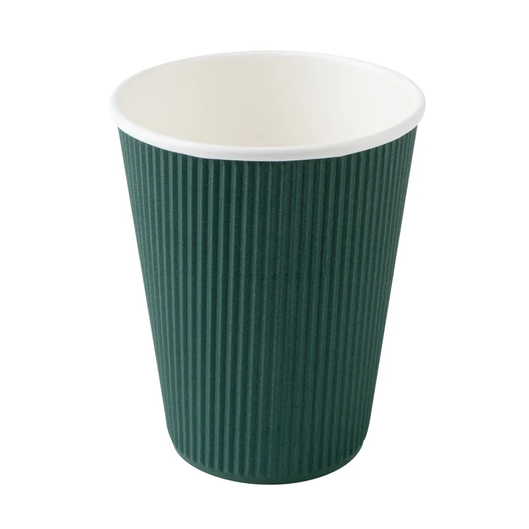 12 oz Dark Green Paper Ripple Wall Coffee Cup - with Black Lid - 3 1/2" x 3 1/2" x 5" - 200 count box