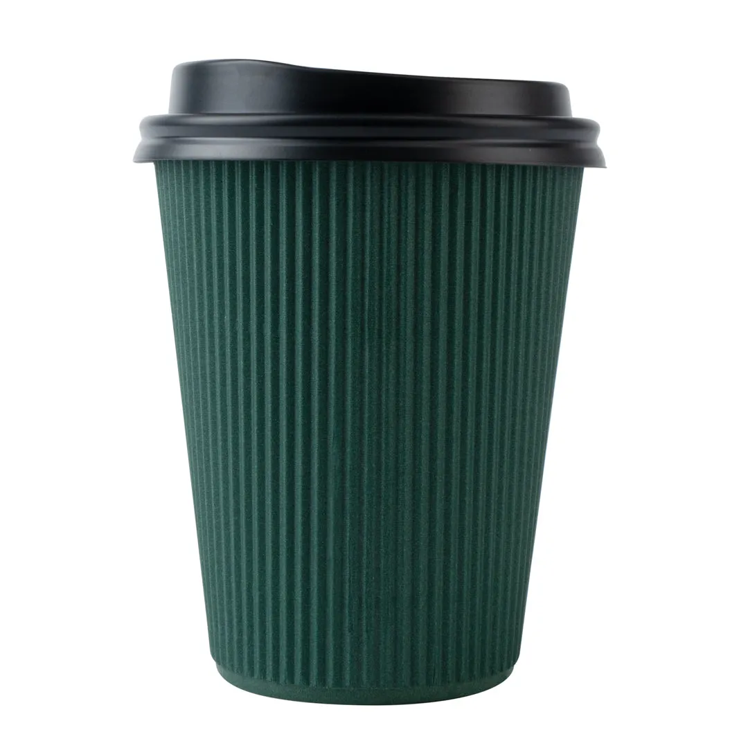 12 oz Dark Green Paper Ripple Wall Coffee Cup - with Black Lid - 3 1/2" x 3 1/2" x 5" - 200 count box