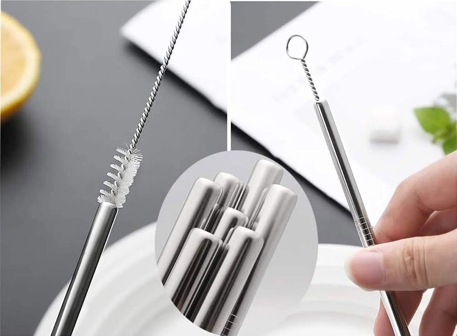 (2 Pack) Stainless Steel Metal Reusable Cocktail Drinking Straws Cleaner Brush Set