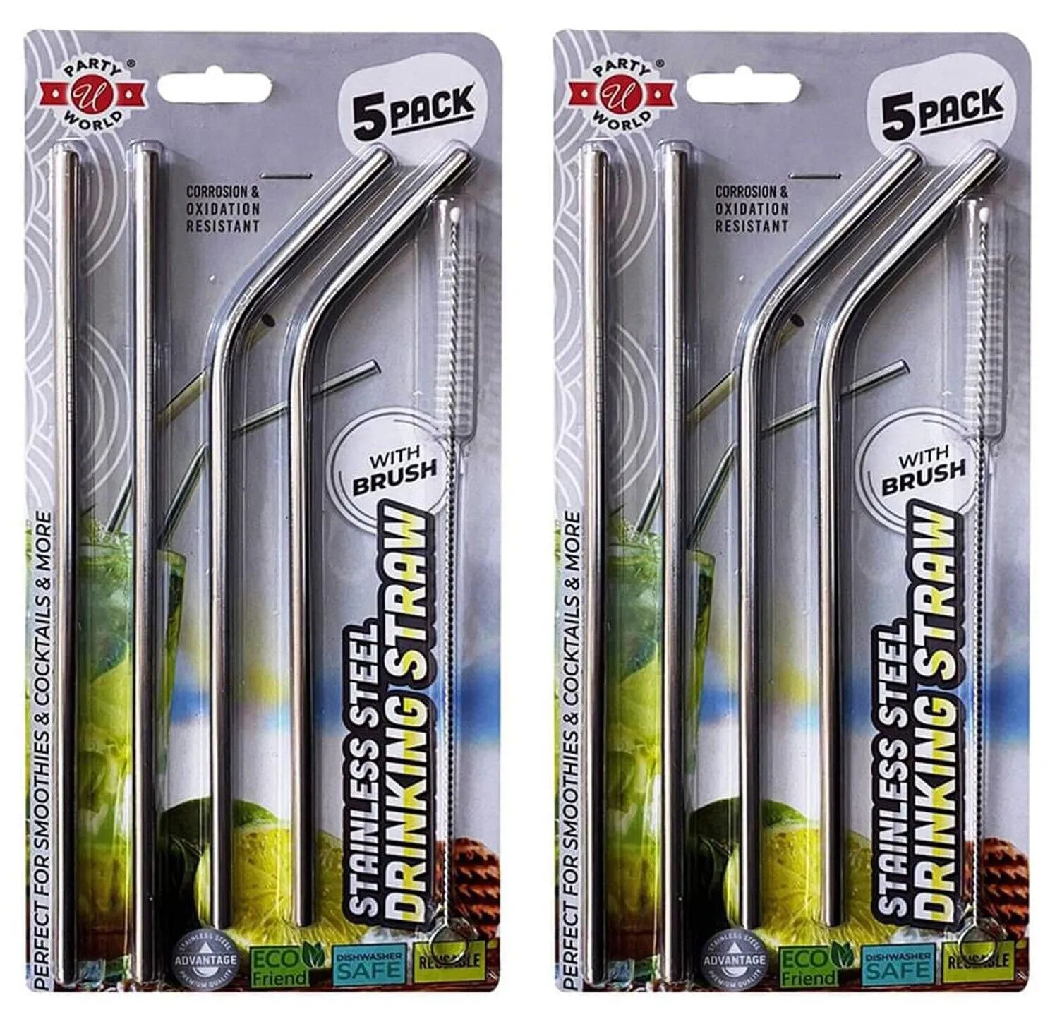(2 Pack) Stainless Steel Metal Reusable Cocktail Drinking Straws Cleaner Brush Set