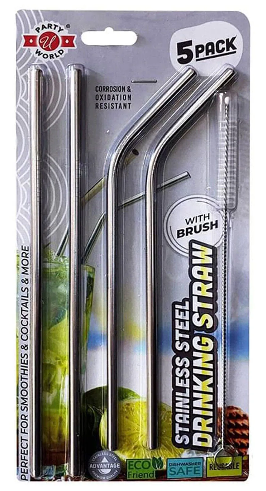 (2 Pack) Stainless Steel Metal Reusable Cocktail Drinking Straws Cleaner Brush Set