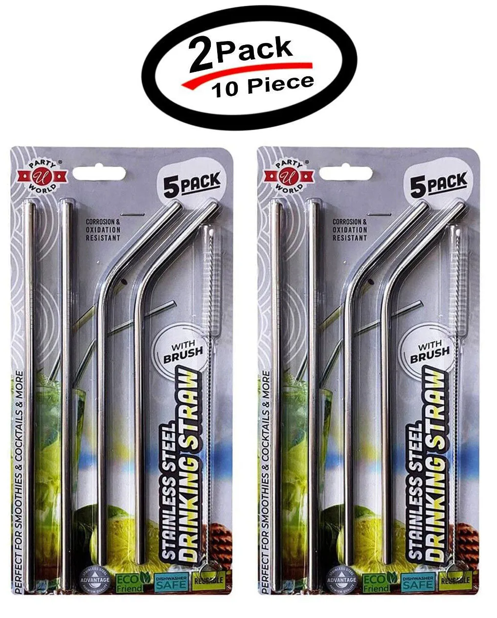 (2 Pack) Stainless Steel Metal Reusable Cocktail Drinking Straws Cleaner Brush Set