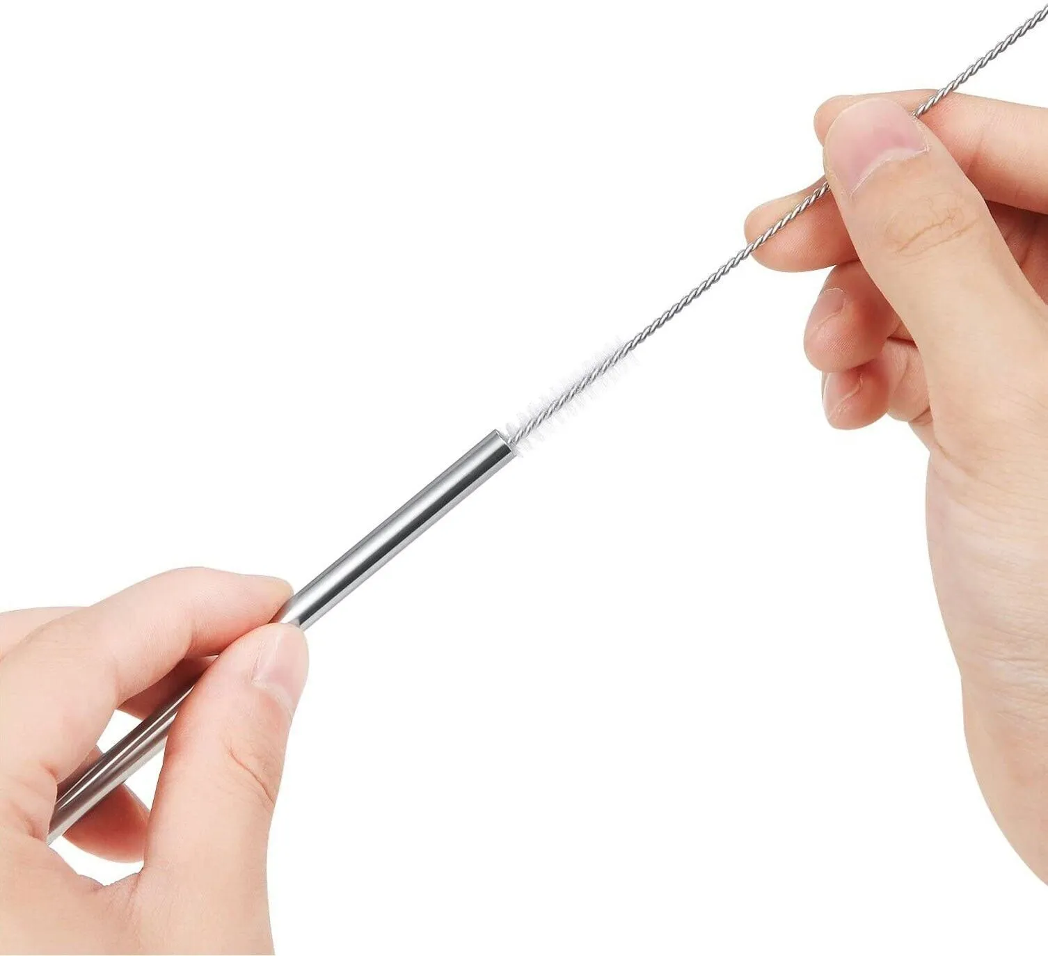 (2 Pack) Stainless Steel Metal Reusable Cocktail Drinking Straws Cleaner Brush Set