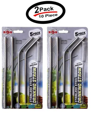 (2 Pack) Stainless Steel Metal Reusable Cocktail Drinking Straws Cleaner Brush Set