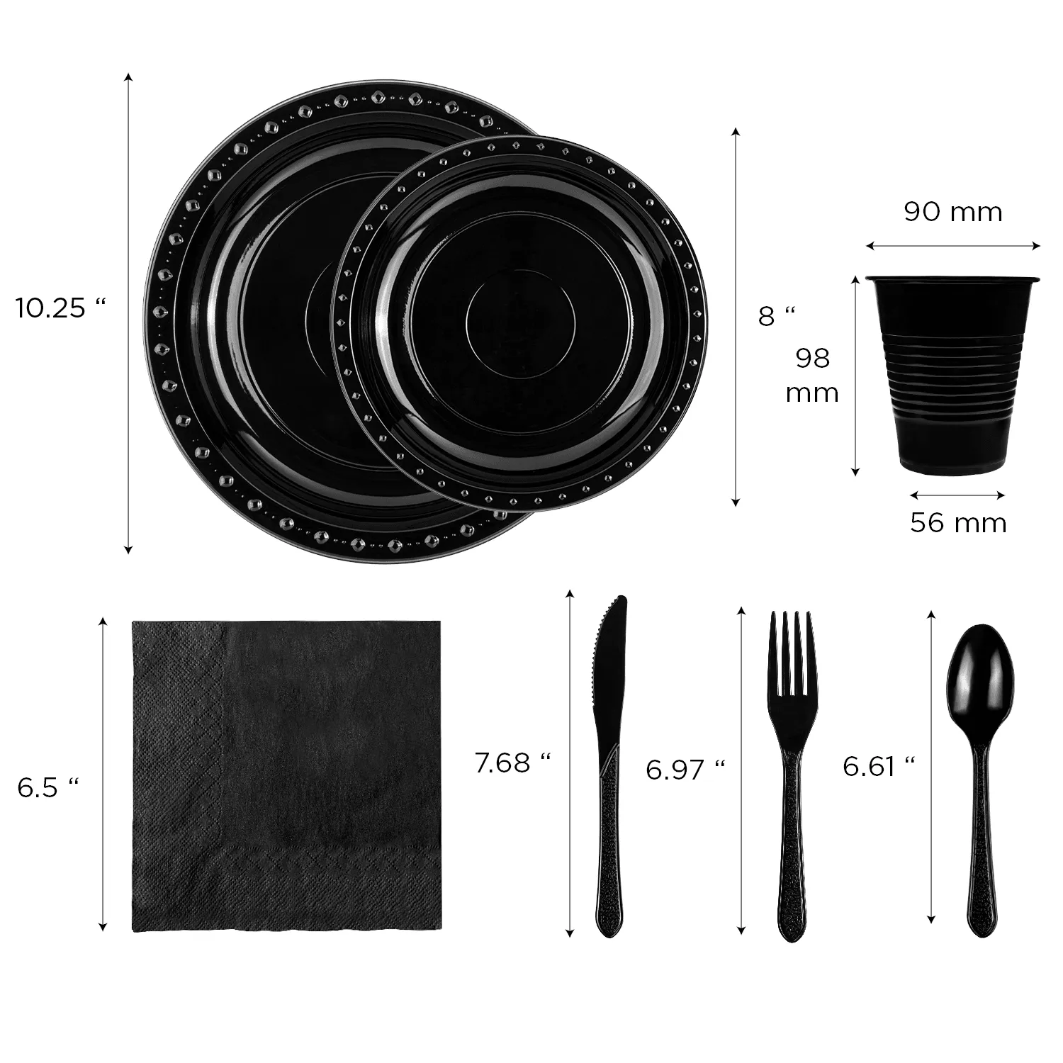 [25 sets] Black Party Dinnerware Set | Plate, Cup, Fork, Knife, Spoon, Napkin