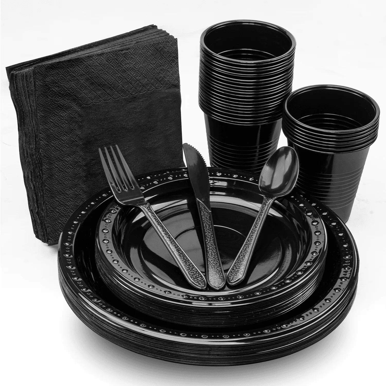 [25 sets] Black Party Dinnerware Set | Plate, Cup, Fork, Knife, Spoon, Napkin