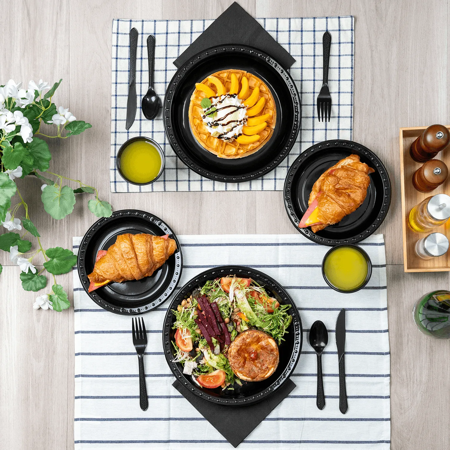 [25 sets] Black Party Dinnerware Set | Plate, Cup, Fork, Knife, Spoon, Napkin