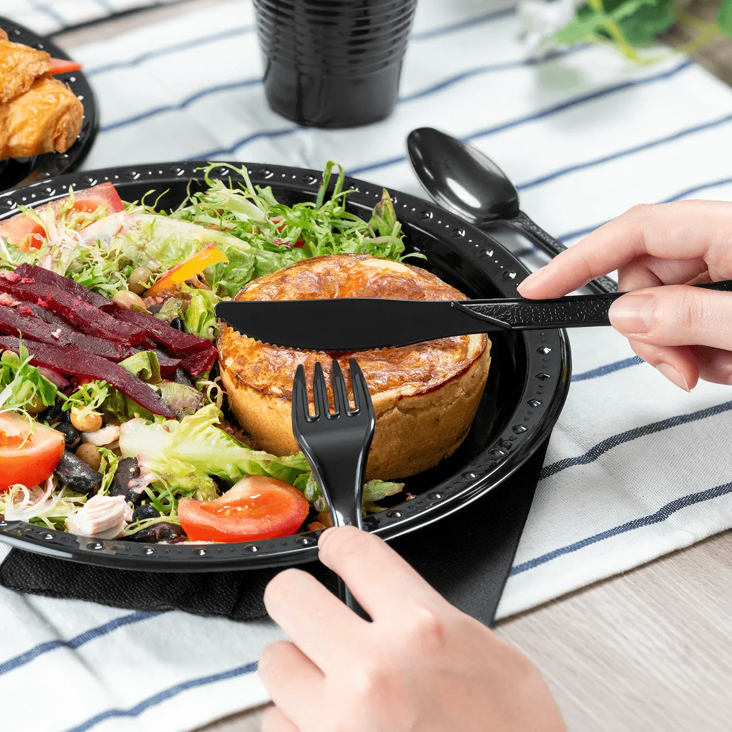 [25 sets] Black Party Dinnerware Set | Plate, Cup, Fork, Knife, Spoon, Napkin