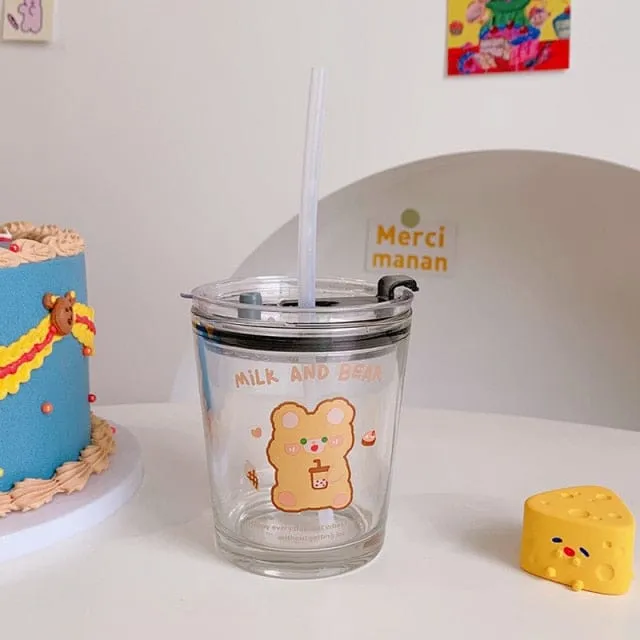 300ml Kawaii Boba Bear Glass Cup With Straw & Lid