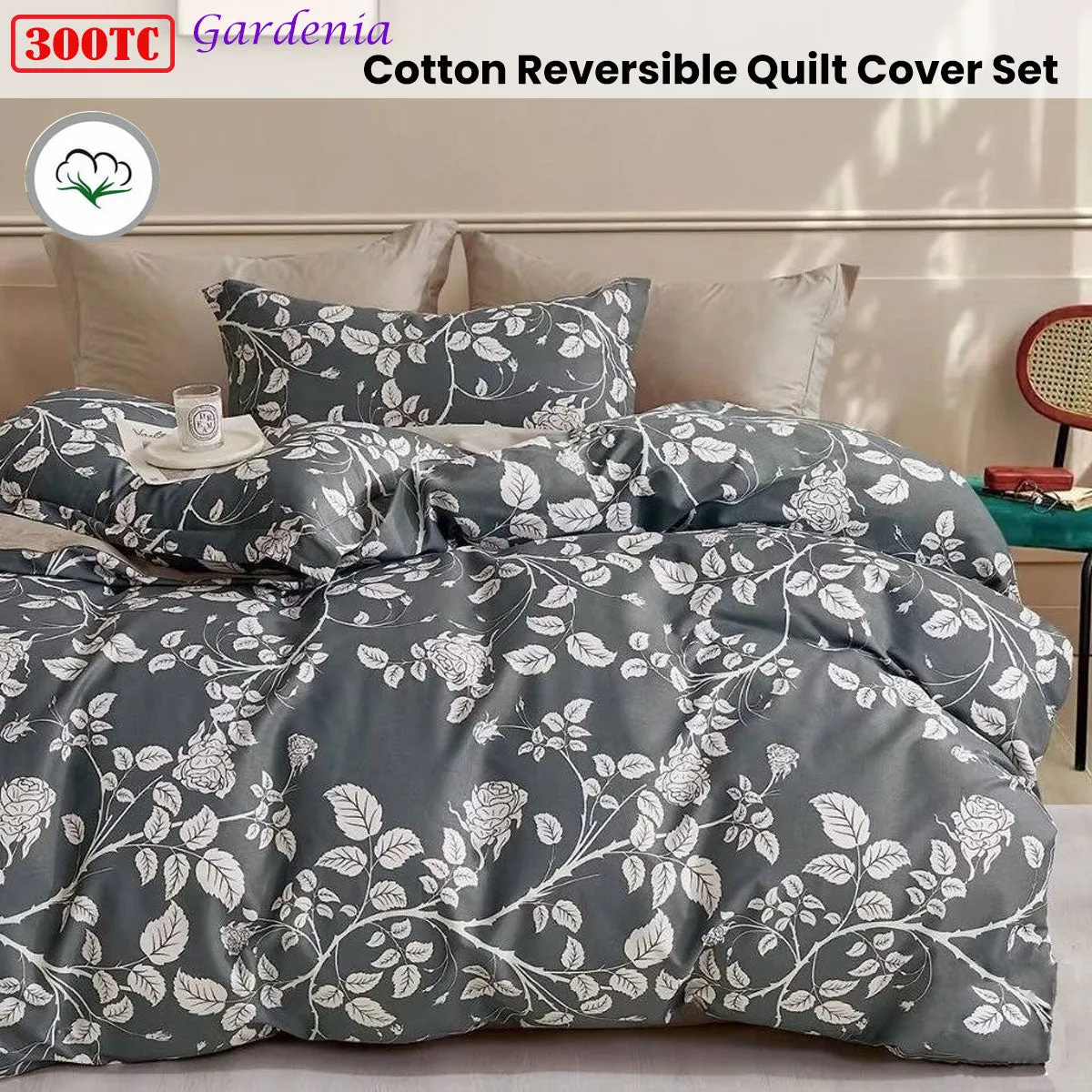 300TC Gardenia Charcoal Reversible Cotton Quilt Cover Set | Queen