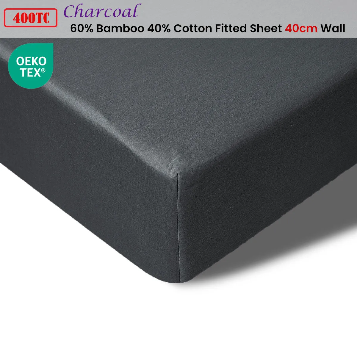 400TC Charcoal Bamboo Cotton Fitted Sheet | 40cm Wall | Single