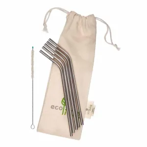 5pk Stainless Steel Straws (Bent) With Organic Cotton Pouch & Vegan Straw Cleaner