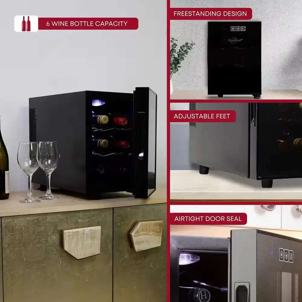 6 Bottle Wine Cooler, Black, 0.65 Cu. Ft.. (16L) Freestanding Thermoelectric Wine Fridge
