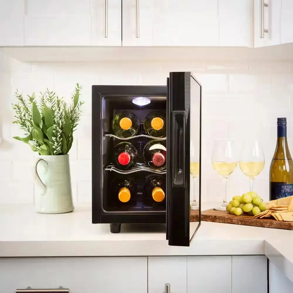 6 Bottle Wine Cooler, Black, 0.65 Cu. Ft.. (16L) Freestanding Thermoelectric Wine Fridge