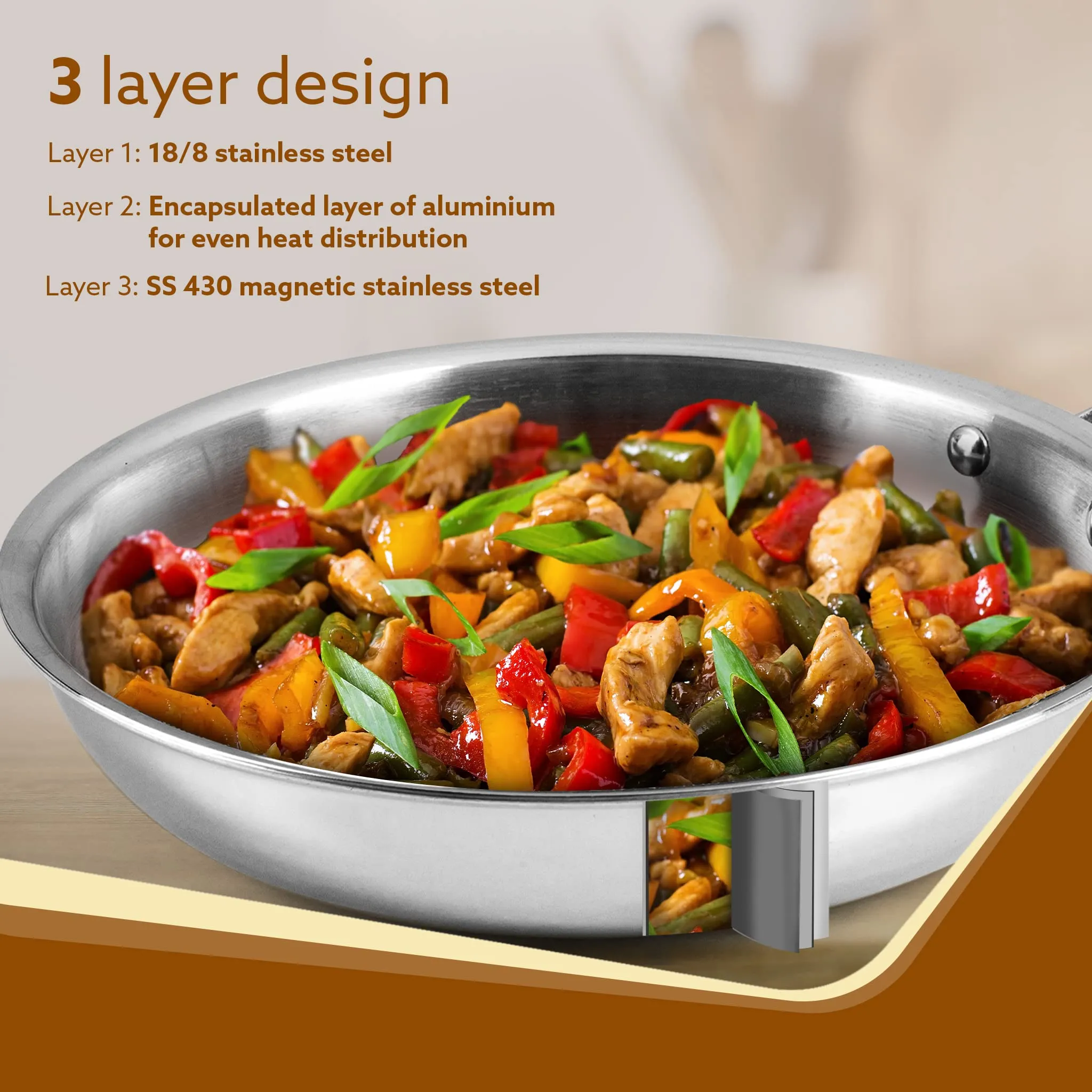 AGARO Royal Honey Comb Frying Pan, 1L Capacity, 22 cm Diameter, Tri-Ply Steel with Honey Comb, Riveted Handle, Food Safe & PFOA Free, Gas & Induction Compatible, Cooking, Frying, Servinf, Silver