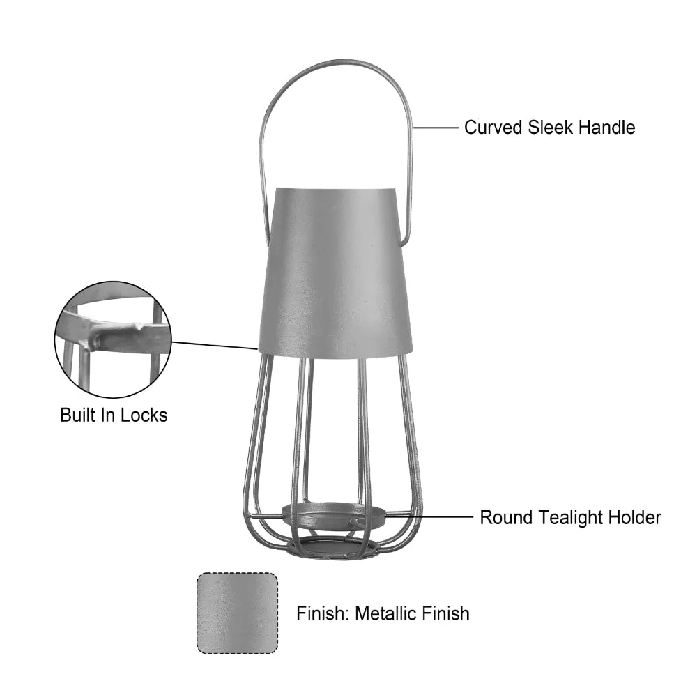 Ambient 12 Inch Vintage Style Iron Candle Stand Lantern, Sleek Curved Handle, Metallic Silver By The Urban Port