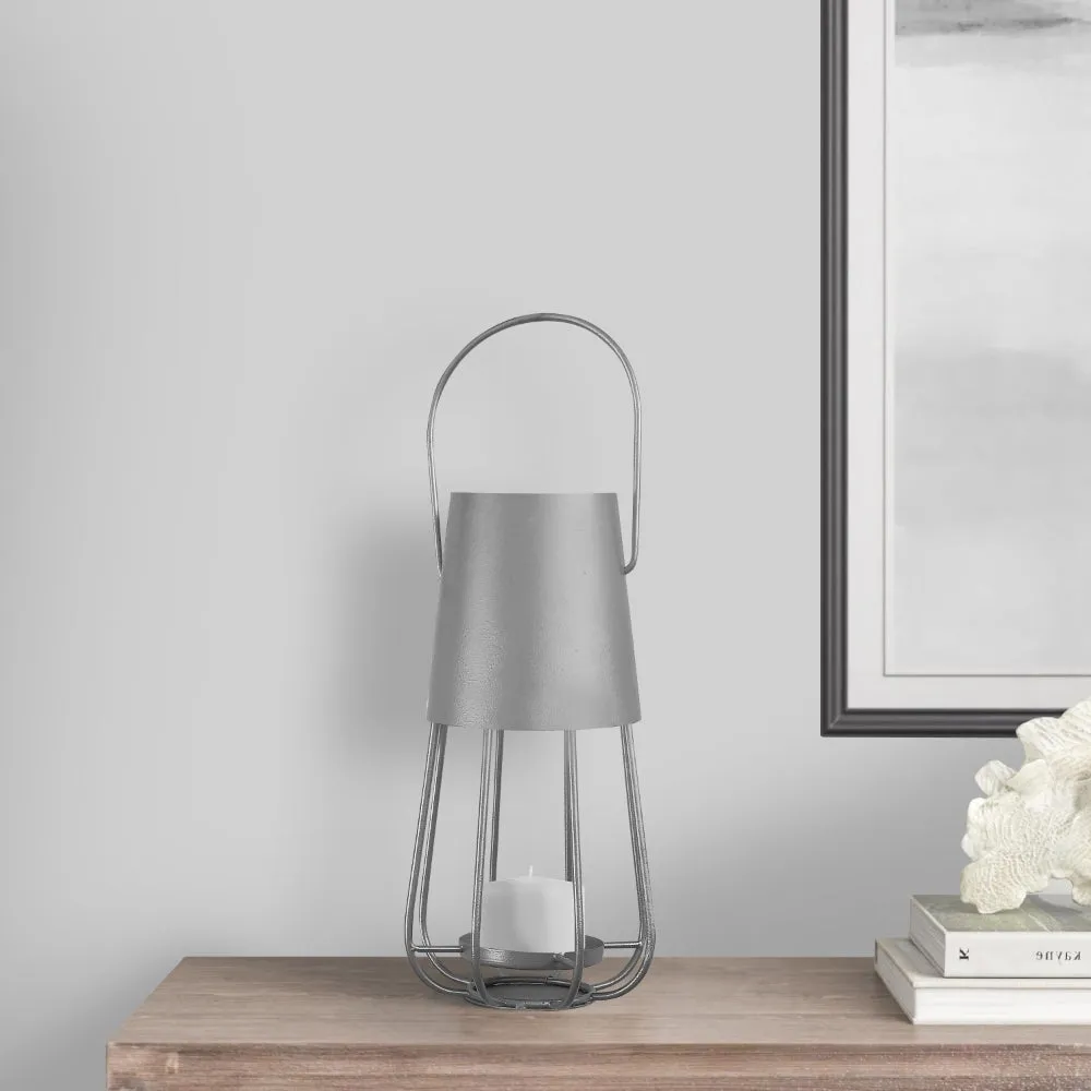 Ambient 12 Inch Vintage Style Iron Candle Stand Lantern, Sleek Curved Handle, Metallic Silver By The Urban Port