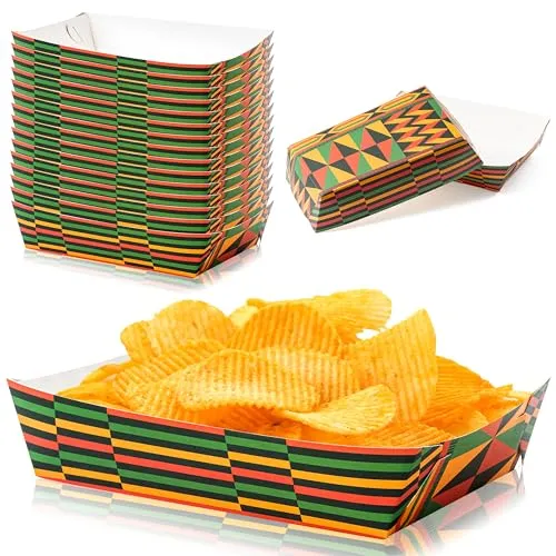 AsodSway Kwanzaa American Food Trays, 50 American Black Celebration Activities Paper Food Trays Snack Holder Trays Disposable Popcorn Assembled Food Container Stands Black History Month Party Supplies