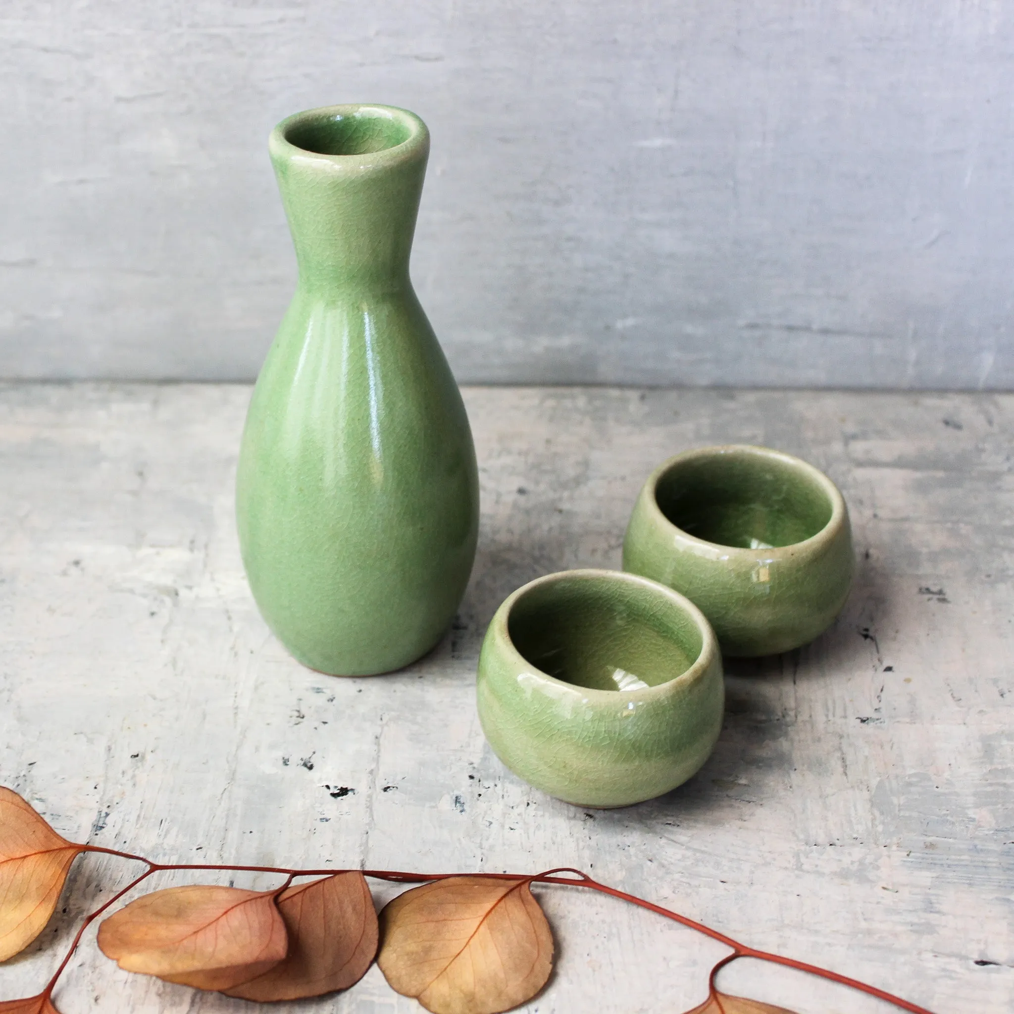 Celadon Sake Bottle & Cups