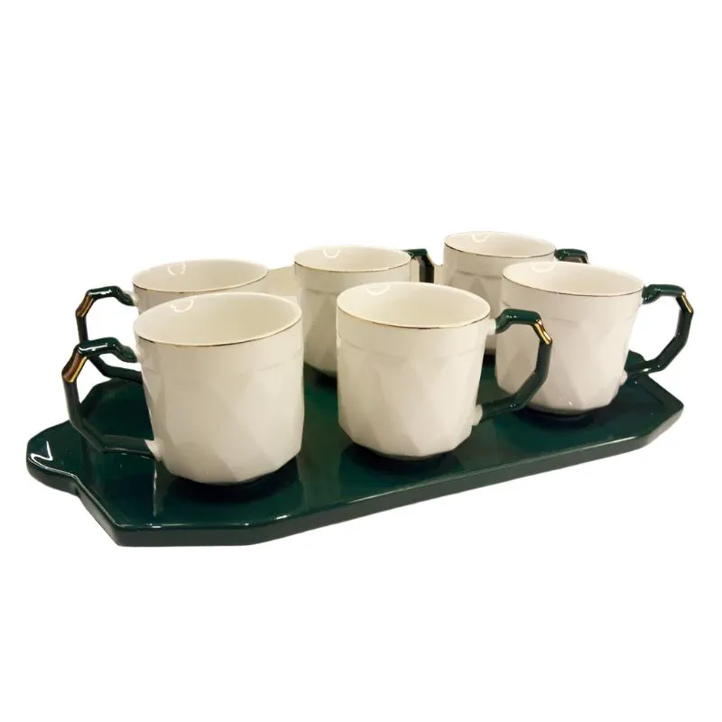 Ceramic Serving Tea Cup With Tray (Set of 6) Green