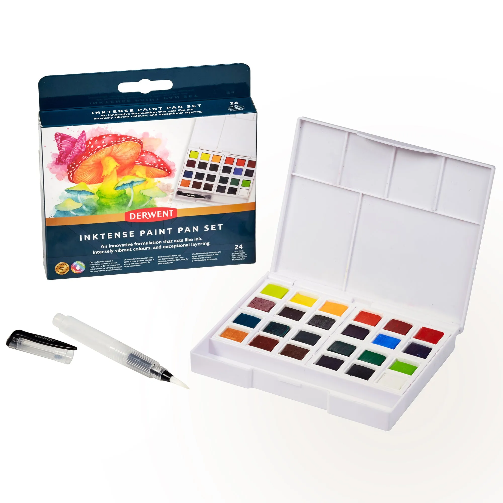 Derwent Inktense Watercolour Paint Pans - Set of 24 Half Pans   Waterbrush