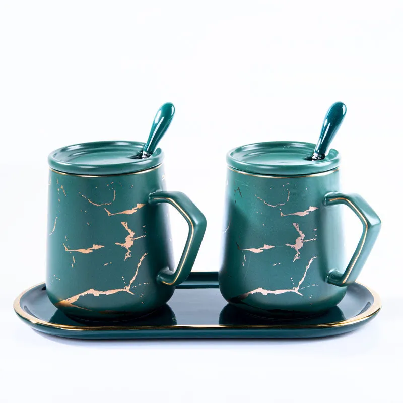 Goldira Glam Green Mug And Tray (400 ML) - Five Piece Set