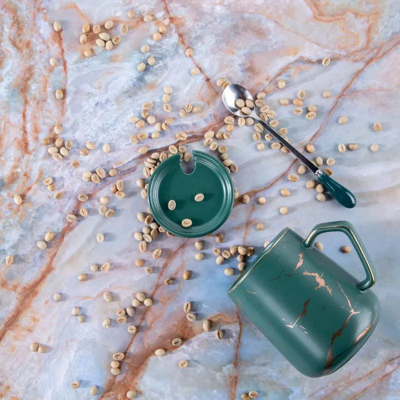Goldira Glam Green Mug And Tray (400 ML) - Five Piece Set