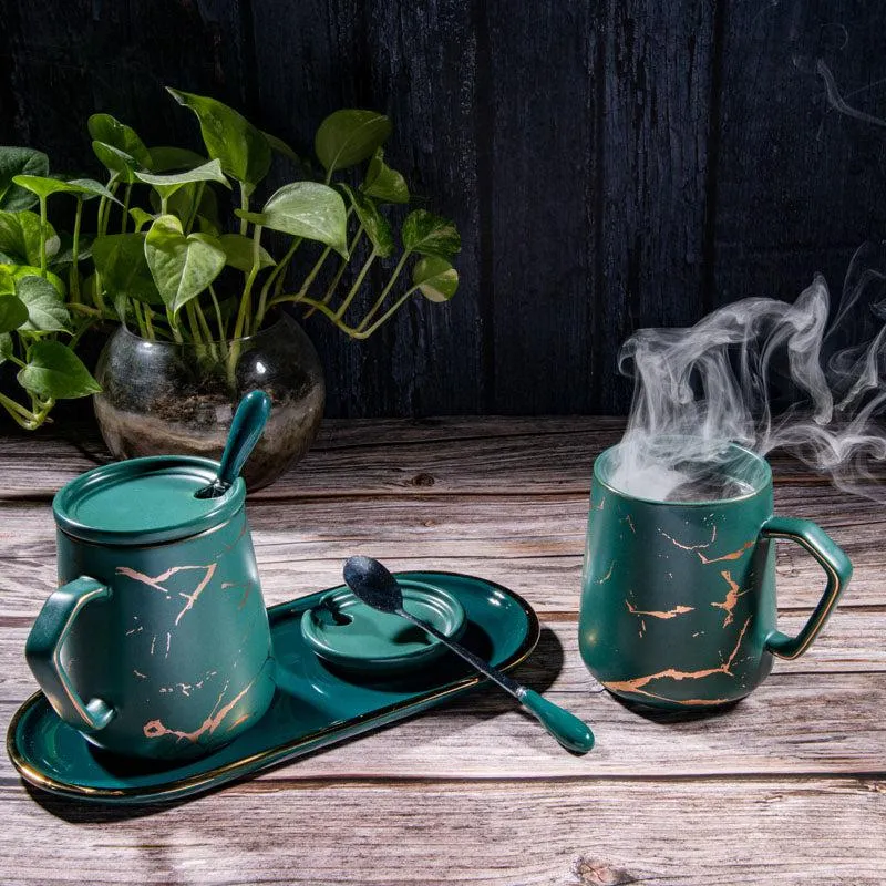 Goldira Glam Green Mug And Tray (400 ML) - Five Piece Set