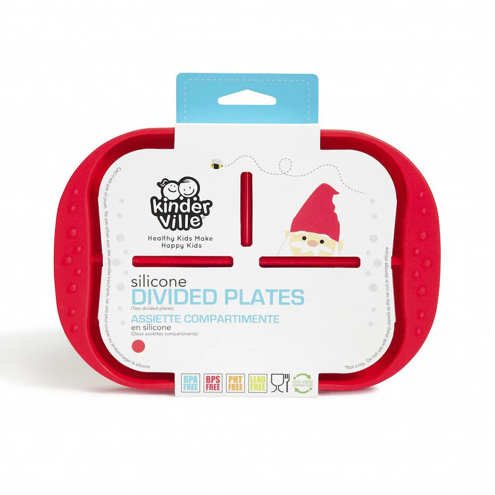 KinderVille Silicone Divided Plates For Kids And Toddlers, Red, 9x6.5 Inches