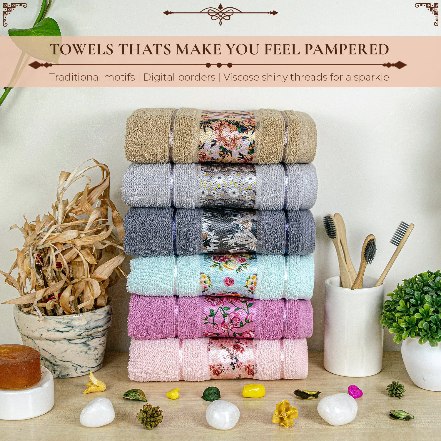 Rangoli Victoria 100% Cotton Hand Towel Set of 6 | Ultra Soft, Super Absorbent Luxurious Towels