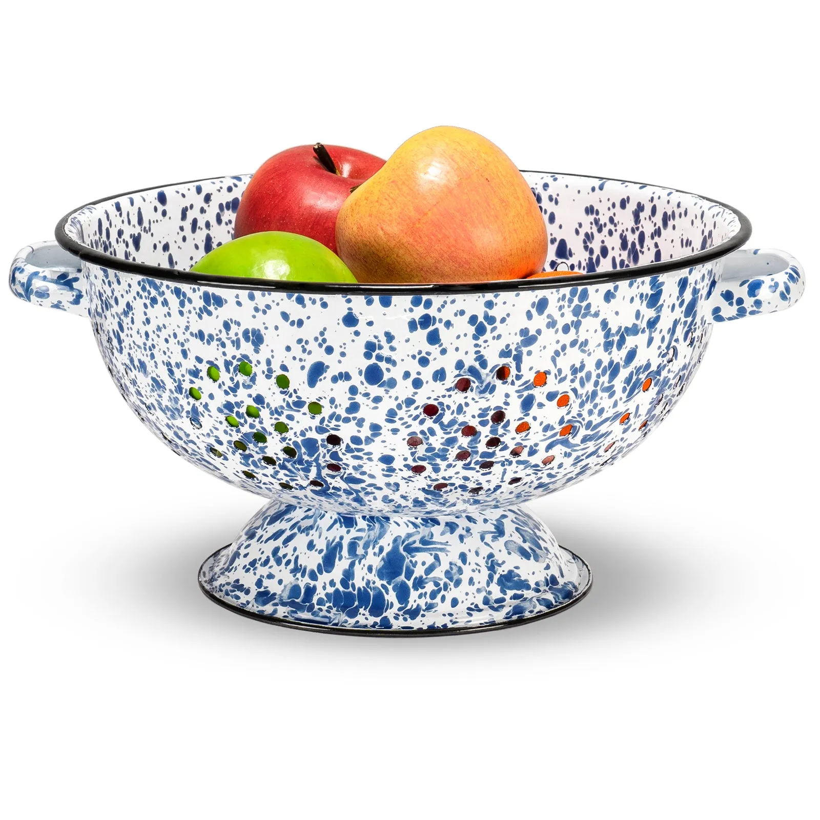 Red Co. Enamelware Metal Classic 10.5 Inch Round Food Strainer Colander with Two Handles, Navy Blue Marble/Black Rim – Splatter Design